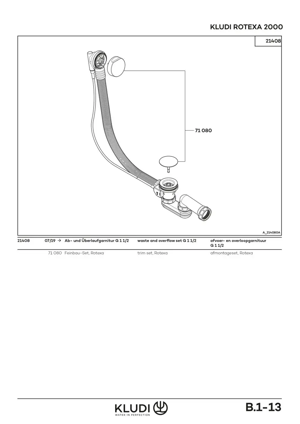 Diagramm einer Ablauf- und Überlaufgarnitur von Kludi, einschließlich der zugehörigen Teile, mit Schläuchen und Anschlüssen dargestellt. Technische Zeichnung ohne Maße.